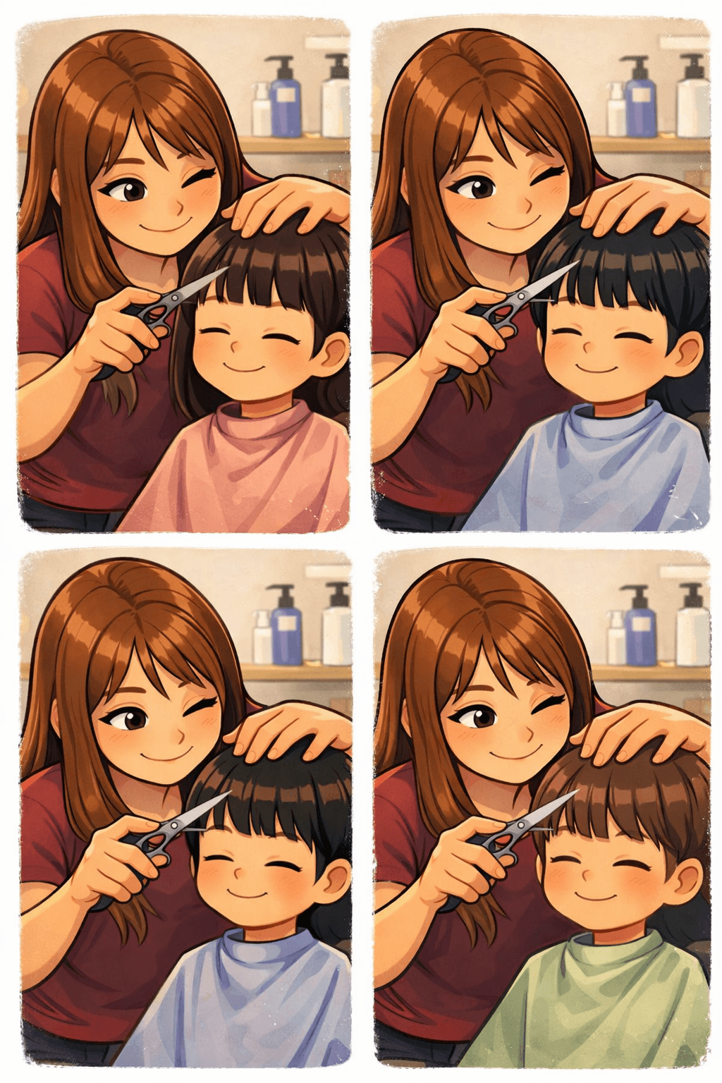 Carla cutting a boy's hair step by step — a calm, gentle process at Little Roots Studio