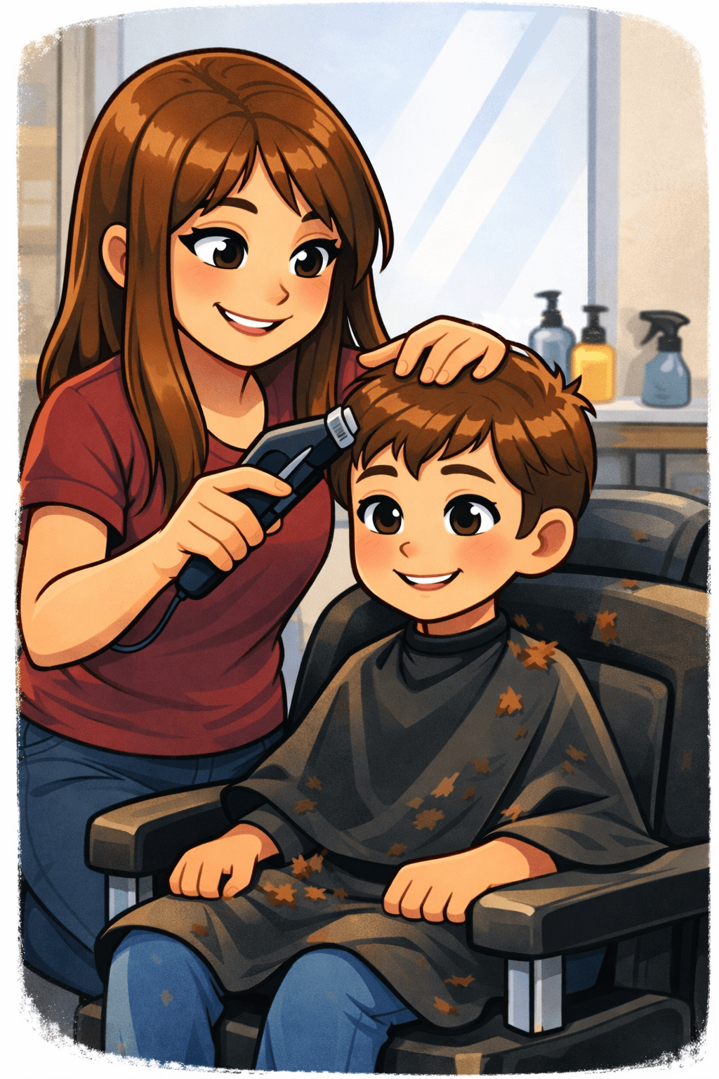 Carla giving a haircut to a happy boy at Little Roots Studio Henderson