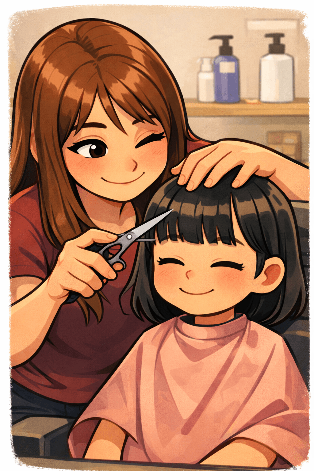 Carla gently cutting a young girl's hair at Little Roots Studio