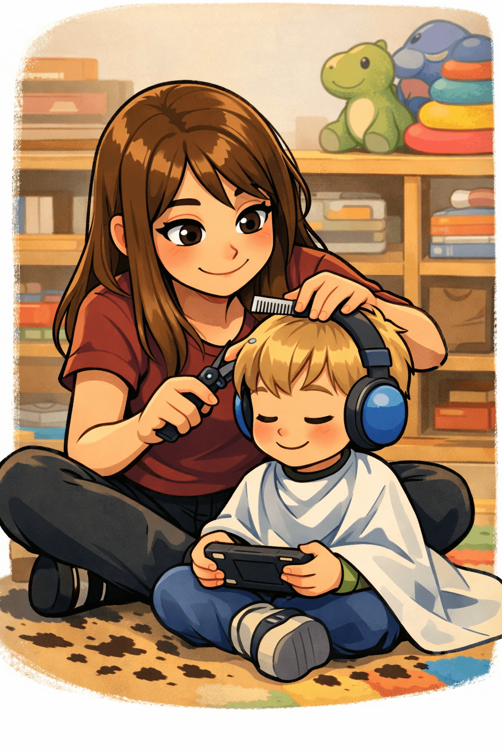 Carla cutting a child's hair while they wear headphones and play on a tablet — sensory-friendly approach